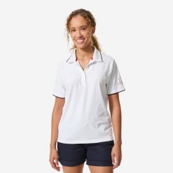Polo żeglarskie damskie Decathlon 500. Białe koszulki polo TRIBORD, xl, bez wzorów, z materiału, bez kołnierzyka, bez ramiączek. Za 119.99 zł.