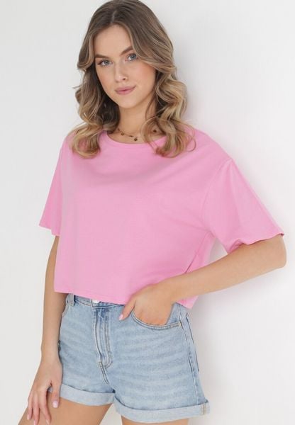 Jasnoróżowy Krótki T-shirt Oversize Lilu. Czerwone t-shirty Born2be, l, bez wzorów, z bawełny, bez kołnierzyka, bez ramiączek. Za 29.99 zł.