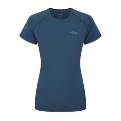 Koszulka sportowa damska Rab Women's Sonic Tee z krótkim rękawem. Niebieskie koszulki sportowe RAB, bez wzorów, bez ramiączek. Za 159.99 zł.