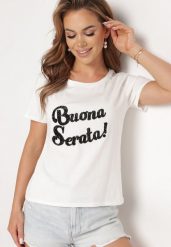 Biały Bawełniany T-shirt z Ozdobnym Napisem z Cyrkonii Tiavalia. Białe t-shirty Born2be, l, bez wzorów, z bawełny, bez kołnierzyka, bez ramiączek. Za 34.99 zł.