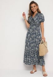 Granatowa Bawełniana Sukienka z Bufiastymi Rękawami z Gumką w Talii i Falbaną Vimaliana. Niebieskie sukienki Born2be, na co dzień, na lato, l, bez wzorów, z bawełny, eleganckie, bez kołnierzyka, bez ramiączek. Za 49.99 zł.