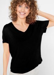 T-shirt lniany. Czarne t-shirty bonprix, bez wzorów, ze lnu, bez kołnierzyka, bez ramiączek. Za 112.99 zł.