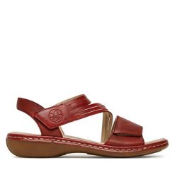 Sandały Rieker. Czerwone sandały Rieker, bez wzorów, bez obcasa, na płaskiej podeszwie, bez zapięcia. Za 259.99 zł.