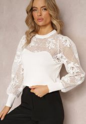 Biały Koronkowy Sweter z Długim Rękawem Brinca. Białe swetry Renee, bez wzorów, z koronki, bez ramiączek. Za 49.99 zł.