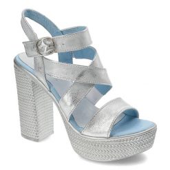 Sandały damskie Simen, na wysokim obcasie i stabilnej platformie, srebrne z kryształkami, 0783-Vs14-Krysztal-Srebro. Szare sandały Simen, bez wzorów, eleganckie, bez obcasa, na obcasie, bez zapięcia. Za 189.00 zł.