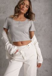 Szary Top z Bawełny Ozdobiony Guzikami przy Dekolcie Nediva. Szare topy Renee, m, z aplikacjami, z bawełny, bez kołnierzyka, bez ramiączek. Za 39.99 zł.