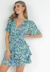 Niebieska Sukienka Mini z Gumkami w Pasie i Falbankami Tarria. Niebieskie sukienki Born2be, na wiosnę, l, bez wzorów, bez kołnierzyka, bez ramiączek, mini. Za 139.99 zł.
