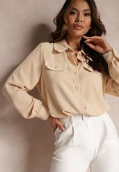 Beżowa Koszula Zdobiona Biżuteryjnymi Guzikami i Tasiemkami Tosur. Brązowe koszule Renee, m, z aplikacjami, eleganckie, bez kołnierzyka, bez ramiączek. Za 119.99 zł.