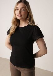 Czarny Bawełniany T-shirt z Koronkowymi Rękawami Carilynore. Czarne t-shirty Born2be, m, bez wzorów, z bawełny, bez kołnierzyka, bez ramiączek. Za 59.99 zł.
