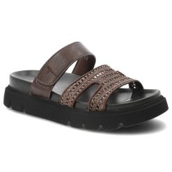 Klapki damskie Tamaris, cholewka ze skóry ekologicznej i materiału tekstylnego plecionego z szerokimi paskami zapinane na rzep, brązowe, 1-27422-46 3. Brązowe klapki Tamaris, bez wzorów, ze skóry ekologicznej, bez obcasa. Za 249.00 zł.