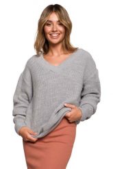 Klasyczny Sweter z Dekoltem w Szpic - Szary. Szare swetry MOE, l, bez wzorów, z materiału, bez ramiączek. Za 208.90 zł.