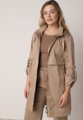 Brązowa Kurtka w Stylu Parki z Odpinanym Kapturem i Sznurkami Enang. Brązowe kurtki Born2be, l, bez wzorów, z jeansu. Za 179.99 zł.