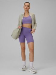 Legginsy krótkie treningowe z wysokim stanem bezszwowe damskie. Fioletowe legginsy 4f, l, bez wzorów, z dzianiny, z podwyższonym stanem, krótkie. Za 99.99 zł.
