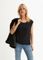 T-shirt z mieszanki wiskozy. Czarne bluzki bonprix, bez wzorów, z wiskozy, bez kołnierzyka, bez ramiączek. Za 42.99 zł.