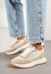Ciemnobeżowe Sneakersy Ozdobione Geometrycznym Motywem Calgis. Brązowe obuwie sportowe Renee, z jeansu, bez zapięcia, trekkingowe. Za 89.99 zł.