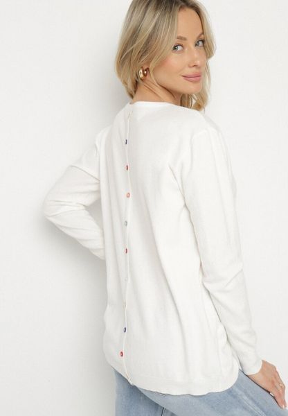 Biały Sweter z Kaszmirem i Ozdobnymi Kieszeniami Sanarea. Białe swetry Born2be, bez wzorów, z jeansu, bez ramiączek. Za 89.99 zł.