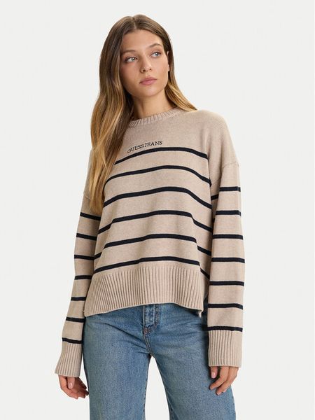 Guess Jeans Sweter W5BR03 Z3HM1 Beżowy Relaxed Fit. Brązowe swetry Guess Jeans, l, z aplikacjami, z bawełny, bez ramiączek. Za 209.99 zł.