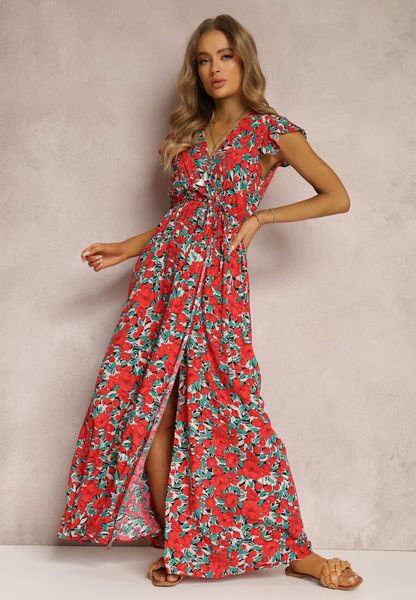 Czerwona Sukienka Lamerephis. Czerwone sukienki Renee, l, z aplikacjami, bez kołnierzyka, bez ramiączek, maxi, kopertowe. Za 49.99 zł.