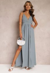 Szara Rozkloszowana Sukienka Maxi na Ramiączkach z Trójkątnym Dekoltem Claudi. Szare sukienki Renee, na imprezę, l, bez wzorów, eleganckie, bez kołnierzyka, dla wysokich, bez ramiączek, maxi, rozkloszowane. Za 99.99 zł.