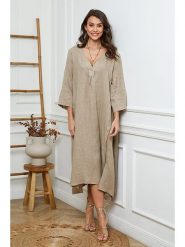 Joséfine Lniana sukienka w kolorze beżowym rozmiar: XXL. Brązowe sukienki Joséfine, na co dzień, xxl, bez wzorów, ze lnu, z asymetrycznym kołnierzem, bez ramiączek, maxi, asymetryczne. Za 217.99 zł.