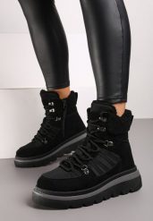 Czarne Traperki na Grubej Podeszwie Ozdobione Futerkiem Linthira. Czarne trapery i śniegowce Born2be, z futra. Za 99.99 zł.