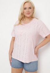 Jasnoróżowy T-shirt Bluzka z Ażurowym Wzorem i Koronką Civina. Czerwone bluzki Born2be, xl, z aplikacjami, z jeansu, bez kołnierzyka, bez ramiączek. Za 34.99 zł.