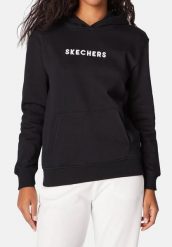 Bluza dresowa sportowa damska Skechers Signature Pullover Hoodie. Czarne bluzy Skechers, na zimę, s, bez wzorów, z bawełny, z kapturem. Za 159.99 zł.