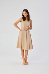 Beżowa Midi Sukienka Rozkloszowana bez Rękawów. Brązowe sukienki MOE, l, bez wzorów, z elastanu, bez kołnierzyka, bez ramiączek, midi, rozkloszowane. Za 345.90 zł.