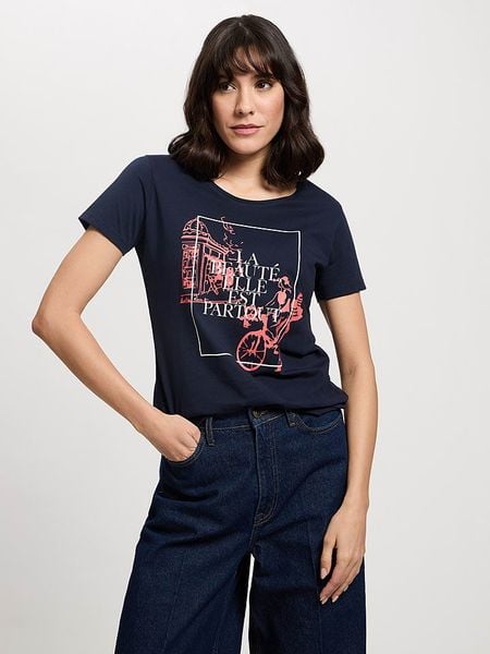 Cross Jeans Koszulka w kolorze granatowym rozmiar: XL. Niebieskie bluzki Cross Jeans, xl, bez wzorów, z bawełny, bez kołnierzyka, bez ramiączek. Za 56.79 zł.