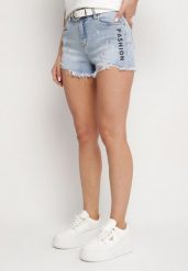 Niebieskie Szorty Jeansowe z Wysokim Stanem Zdobione Przetarciami Vestella. Niebieskie szorty Born2be, z aplikacjami, z jeansu, z podwyższonym stanem. Za 74.99 zł.