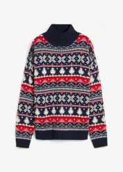 Sweter bożonarodzeniowy z golfem. Niebieskie golfy bonprix, bez wzorów, bez ramiączek. Za 109.99 zł.