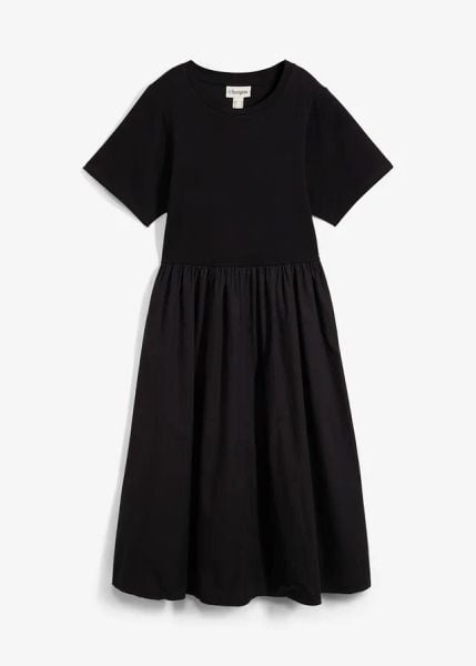 Sukienka midi z mieszanki materiałów. Czarne sukienki bonprix, bez wzorów, z materiału, bez kołnierzyka, bez ramiączek, midi. Za 122.99 zł.