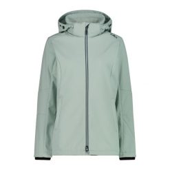 Kurtka turystyczna damska z kapturem i zamkiem CMP. Niebieskie kurtki sportowe CMP, bez wzorów, z softshellu, z kapturem, trekkingowe. Za 403.50 zł.