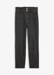 Jeansy mom, high waist, wygodny pas. Niebieskie jeansy bonprix, bez wzorów, z podwyższonym stanem. Za 129.99 zł.