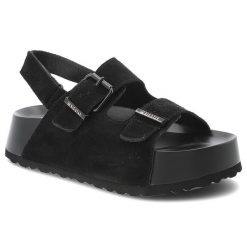 Sandały damskie Big Star, cholewka ze skóry naturalnej zamszowej z regulowanymi paskami i sprzączkami na grubej podeszwie, czarne, TT274237. Czarne sandały Big Star, bez wzorów, ze skóry, retro, bez obcasa, na platformie, bez zapięcia. Za 215.90 zł.