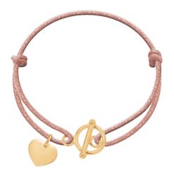 Bransoletka z pozłacanym sercem i zapięciem na grubym pudroworóżowym sznurku. Bransoletki Lilou, pozłacane. Za 188.00 zł.