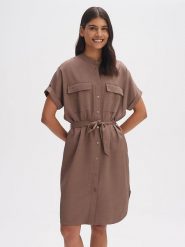 OPUS Sukienka w kolorze jasnobrązowym rozmiar: 42. Brązowe sukienki Opus, na co dzień, bez wzorów, z tkaniny, bez kołnierzyka, bez ramiączek, midi, proste. Za 187.99 zł.