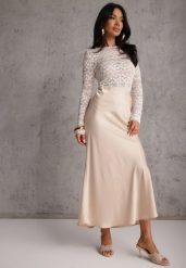 Beżowa Koktajlowa Spódnica z Satyny o Rozkloszowanym Kroju Zinnivira. Brązowe spódnice Renee, l, bez wzorów, z satyny, eleganckie, maxi, koszulowe. Za 79.99 zł.