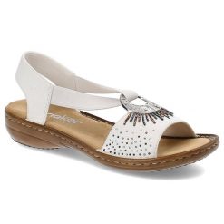 Białe Sandały Rieker Eleganckie Wsuwane Obuwie Damskie. Białe sandały Rieker, bez wzorów, z materiału, eleganckie, bez obcasa, bez zapięcia. Za 239.00 zł.