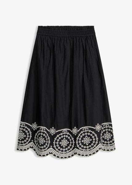 Spódnica midi z ażurowym haftem, z czystej bawełny. Czarne spódnice bonprix, w ażurowe wzory, z bawełny, midi. Za 189.99 zł.