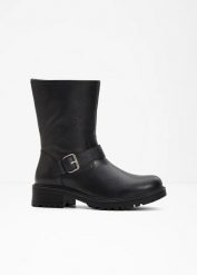 Kozaki. Czarne kozaki bonprix, na zimę, bez obcasa, bez zapięcia. Za 149.99 zł.