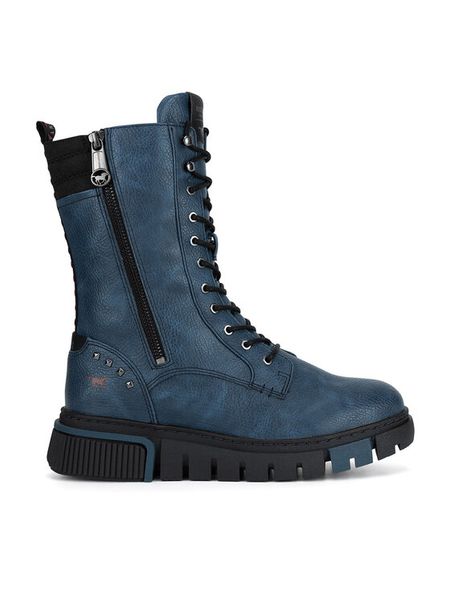 Mustang Trzewiki 1502-503 Granatowy. Niebieskie botki Mustang, bez wzorów, z materiału, bez obcasa, na płaskiej podeszwie, bez zapięcia. Za 399.99 zł.