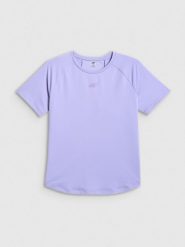 4F Koszulka treningowa regular szybkoschnąca damska - fioletowa S. Fioletowe bluzki 4f, s, bez wzorów, z materiału, bez kołnierzyka, bez ramiączek. Za 99.99 zł.