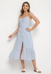 Niebieska Sukienka Rozkloszowana na Ramiączkach z Guzikami z Wiskozą Efrinelle. Niebieskie sukienki Born2be, na co dzień, l, bez wzorów, z wiskozy, eleganckie, bez kołnierzyka, bez ramiączek, midi, rozkloszowane. Za 99.99 zł.