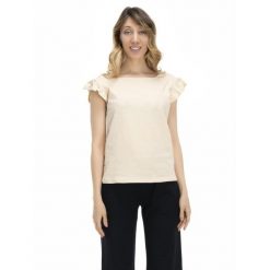 T-shirt damski z falbaną w kolorach ziemi. Białe t-shirty LEONE 1947 APPAREL, l, bez wzorów, z tkaniny, bez kołnierzyka, bez ramiączek. W wyprzedaży za 83.85 zł.