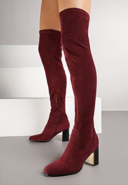 Bordowe Kozaki za Kolano z Ozdobnym Obcasem z Metaliczną Wstawką Agnerissa. Czerwone kozaki Born2be, za kolano, bez obcasa, na obcasie, bez zapięcia. Za 159.99 zł.