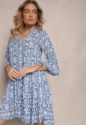 Niebieska Rozkloszowna Sukienka z Bawełny w Ornamentalny Wzór z Falbaną Lanariella. Niebieskie sukienki Renee, l, bez wzorów, z bawełny, bez kołnierzyka, bez ramiączek, mini, rozkloszowane. Za 44.99 zł.