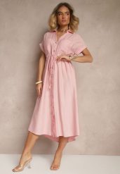 Różowa Wiskozowa Sukienka Koszulowa z Guzikami i Wiązaniem w Talii Velazia. Czerwone sukienki Renee, na co dzień, l, bez wzorów, z materiału, eleganckie, bez kołnierzyka, bez ramiączek, midi, koszulowe. Za 89.99 zł.