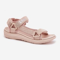 Sandały Damskie Materiałowe Na Rzepy Lee Cooper LCW-25-34-3560 Beżowe beżowy. Brązowe sandały bez wzorów, z materiału, eleganckie, bez obcasa, bez zapięcia. Za 150.01 zł.