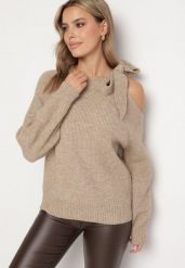 Ciemnobeżowy Sweter Ozdobiony Kokardą i Wycięciem Noredi. Brązowe swetry Born2be, na zimę, bez wzorów, z jeansu, bez ramiączek. W wyprzedaży za 103.99 zł.